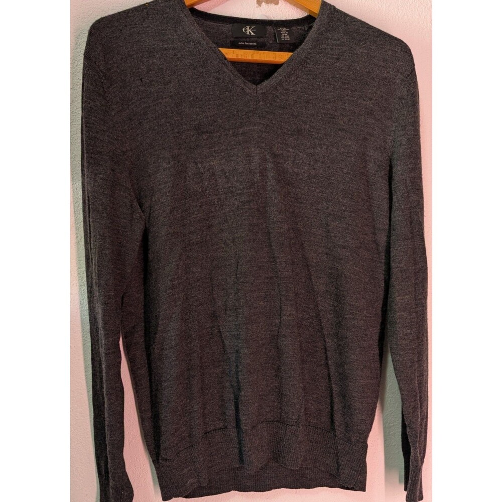 CALVIN KLEIN Gray Wool V-neck Manhattan sweater Shirt Size L Large (539)